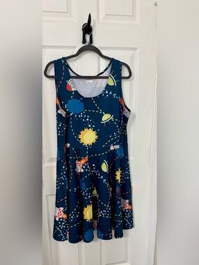 Fun Space Print Sleeveless COWCOW A-Line Dress Blue Size 3XL